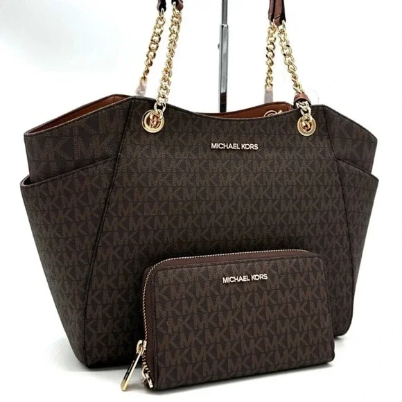 Michael Kors Large Jet Set Travel Chain Shoulder Bag & Double Zip Wallet Brown